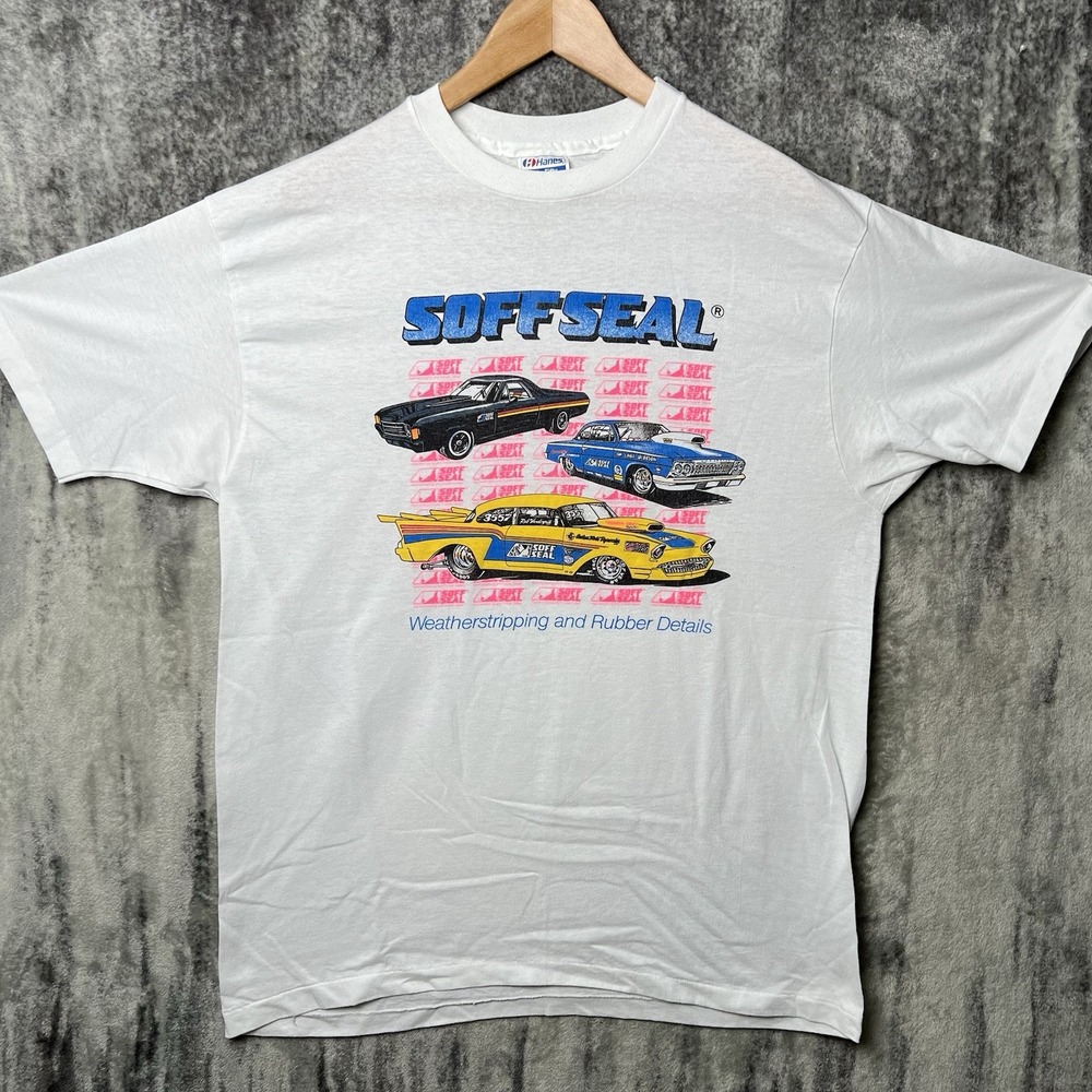 Vintage 80s Soff Seal Racing Graphic Tee Hanes Fifty Fifty Tag Single Stitch XL
